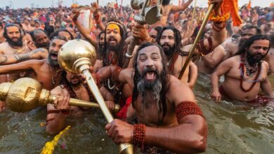 Pilgrims bathing in the holy waters during Kumbh Mela 2025