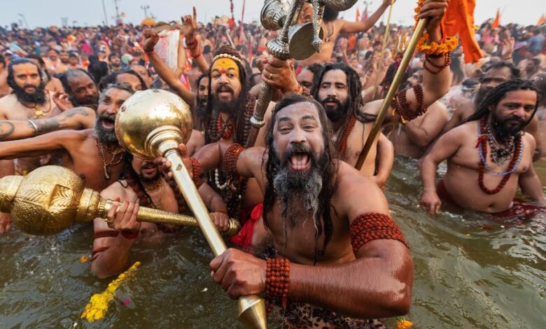 Pilgrims bathing in the holy waters during Kumbh Mela 2025